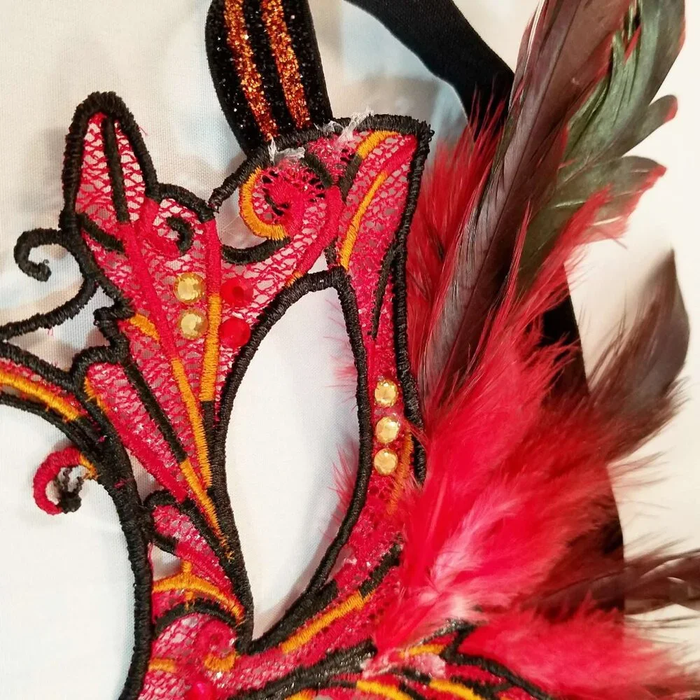 Handmade Swarovski Crystal Feather Masquerade Mask RED BLACK